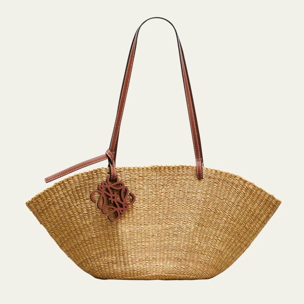 Loewe Shell Small Leather-Trimmed Elephant Straw Raffia Tote Bag